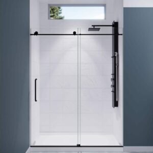 Madam Series 60 in. x 76 in. H Sliding Frameless Shower Door in Matte Black with Tsunami Guard Tempered Glass