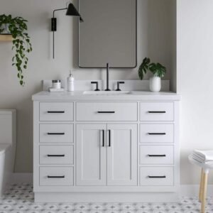 Hepburn 48 in. W x 22 in. D x 36 in. H Single Freestanding in White Bath Vanity with Pure White Quartz Top