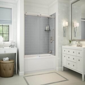 Utile Metro 30 in. x 59.8 in. x 81.4 in. Right Drain Alcove Bath and Shower Kit in Ash Grey, Brushed Nickel Shower Door