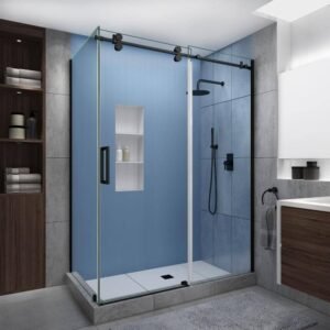Langham XL 44 in. - 48 in. x 34 in. x 80 in. Sliding Frameless Shower Enclosure StarCast Clear Glass in Matte Black Left