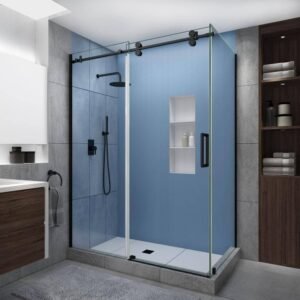 Langham XL 56-60 in. x 34 in. x 80 in. Sliding Frameless Shower Enclosure StarCast Clear Glass in Matte Black Right