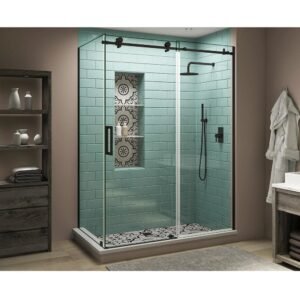 Coraline XL 44 in. - 48 in. x 34 in. x 80 in. Frameless Corner Sliding Shower Enclosure Clear Glass in Matte Black Left
