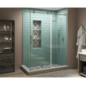 56 in. - 60 in. x 34 in. x 80 in. Frameless Corner Sliding Shower Enclosure Clear Glass in Stainless Steel Left