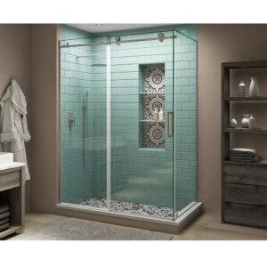 56 in. - 60 in. x 34 in. x 80 in. Frameless Corner Sliding Shower Enclosure Clear Glass in Stainless Steel Right