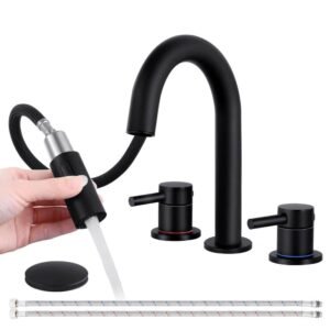 8 in. Widespread Bathroom Faucet 3-Hole with Pull Out Sprayer, Bathroom Sink Faucet with Pop-Up Drain in Matte Black