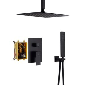 1-Spray Patterns with 10 in. Ceiling Mount Dual Shower Heads with Hand Shower Faucet, in Black (Valve Included)