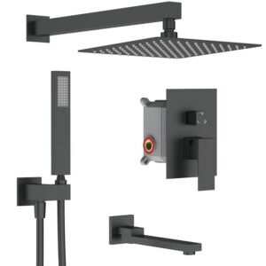 Single-Handle 3-Spray Hand Shower Tub and Shower Faucet with 12 in. Wall Mount Rain Shower Heads in Matte Black