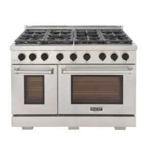 Pro-Style 48 in. 6.7 cu. ft. Double Oven Gas Range LP Ready with 25K Power Burner in Stainless Steel and Black Knobs