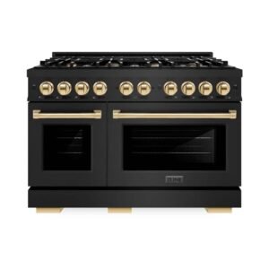 Select 48 in. 8-Burner Dual Fuel Range with Double Oven in Black Stainless Steel and Polished Gold