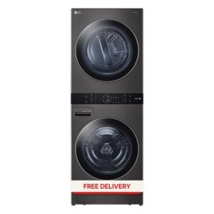 WashTower Stacked SMART Laundry Center 4.5 Cu.Ft. Front Load Washer & 7.4 Cu.Ft. Electric Dryer in Black Steel w/ Steam