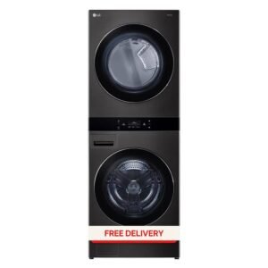 WashTower Stacked SMART Laundry Center 5.0 Cu.Ft. Front Load Washer & 7.4 Cu.Ft. Electric Dryer in Black Steel w/ Steam
