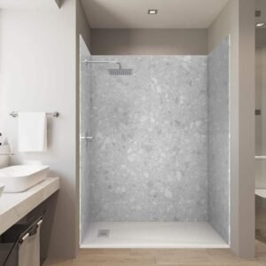 60 in. x 32 in. x 84 in. Alcove Solid Composite Stone Shower Kit-Bono Gray Shower Walls L/R WH Shower Pan Base