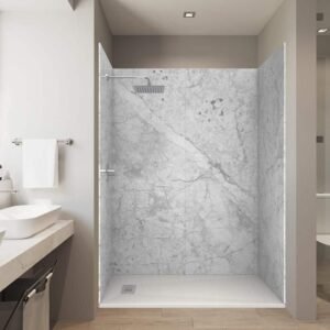 60 in. x 32 in. x 84 in. Alcove Solid Composite Stone Shower Kit-Botti. Gray Shower Walls L/R WH Shower Pan Base