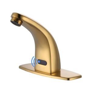 Battery-Powered Commercial Touchless Single Hole Bathroom Faucet with Deck Plate in Brushed Gold
