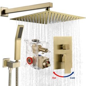 Rainfull Single-Handle 1-Spray Square Shower Faucet with 12 in. shower head in Brushed Gold Valve Included