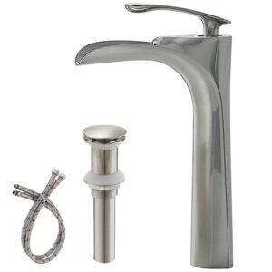 Waterfall Single Hole Single Handle Bathroom Vessel Sink Faucet With Drain Assembly in Brushed Nickel
