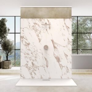72 in. x 42 in. x 84 in. Solid Composite Stone Alcove Shower Kit-Caramel Shower Walls and Cntr B WH Sand Shower Pan Base