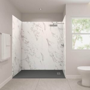 72 in. x 36 in. x 84 in. Solid Composite Stone Alcove Shower Kit - Carrara Shower Walls and L/R GR Sand Shower Pan Base