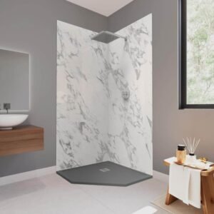 Corner Neo 37 in. x 37 in. x 84 in. Solid Composite Stone Shower Kit - Carrara Shower Walls and GR Sand Shower Pan Base