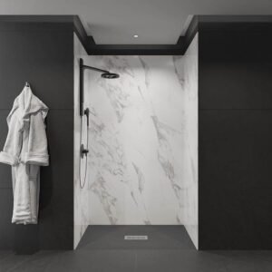 48 in L x 34 in W x 84 in H Alcove Solid Composite Stone Shower-Kit Carrara Shower Walls andCntr GR Sand Shower Pan Base