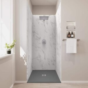 36 in. x 36 in. x 84 in. Solid Composite Stone Alcove Shower Kit - Carrara Walls and Cntr GR Sand Shower Pan Base