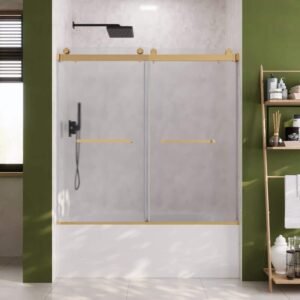 58-60 in. W x 62 in. H Double Sliding Frameless Bathtub Door with 3/8 in. (10 mm) Frosted Glass in Brushed Gold