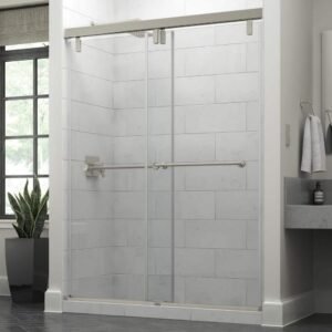 Lyndall Mod 50-1/8 to 58-1/2 in. W x 71-1/2 in. H Soft-Close Frameless Sliding Shower Door, Nickel, Clear Glass