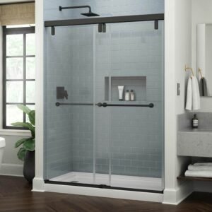 Lyndall Mod 50-1/8 to 58-1/2 in. W x 71-1/2 in. H Soft-Close Frameless Sliding Shower Door, Black, Clear Glass