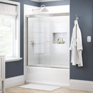 Traditional 60 in. x 58-3/8 in. Semi-Frameless Sliding Bathtub Door in Nickel with 1/4 in. (6mm) Clear Glass