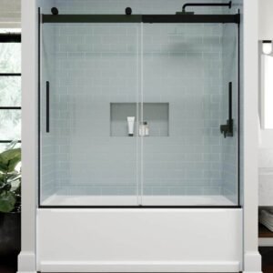 Classic 500 55-3/8 to 59-3/8 in. W x 59 in. Frameless Sliding Bathtub Door in Matte Black with 5/16 in. Clear Glass