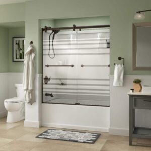 Lyndall Contemporary 50-1/8 to 58-1/2 in. W in. x 58-3/4 in. H Frameless Sliding Tub Door, Bronze, Transition Glass