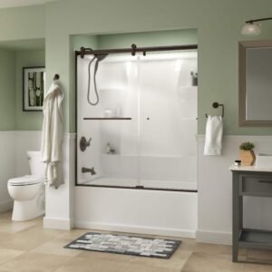 Simplicity Contemporary 50-1/8 to 58-1/2 in. W in. x 58-3/4 in. H Frameless Sliding Tub Door, Bronze, Frosted Glass