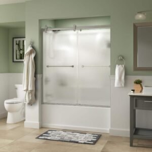 Everly Contemporary 50-1/8 to 58-1/2 in. W in. x 58-3/4 in. H Frameless Sliding Tub Door in Nickel, Rain Glass