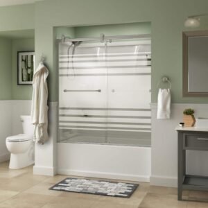 Everly Contemporary 50-1/8 to 58-1/2 in. W x 58-3/4 in. H Frameless Sliding Tub Door in Nickel, Transition Glass