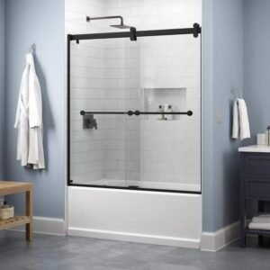 Everly Contemporary 50-1/8 to 58-1/2 in. W x 58-3/4 in. H Frameless Sliding Tub Door in Matte Black, Clear Glass