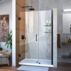 Unidoor 45 to 46 in. x 72 in. Frameless Hinged Shower Door in Matte Black