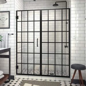 Unidoor Toulon 58 58 1/2 in. W x 72 in. H Frameless Hinged Shower Door in Matte Black
