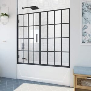Unidoor Toulon 58 in. W x 58 in. H Hinged Frameless Tub Door with Matte Black Finish