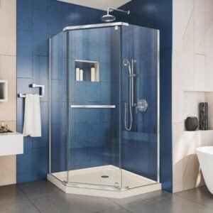 Prism 38 in. W x 74.75 in. H Neo Angle Pivot Semi-Frameless Corner Shower Enclosure in Chrome with Biscuit Shower Base