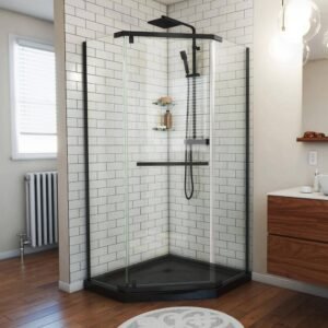 Prism 38 in. W x 74.75 in. H Neo Angle Pivot Semi Frameless Corner Shower Enclosure in Black with Black Shower Base
