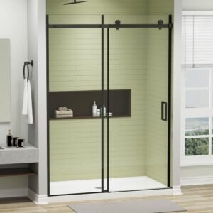 60 in. W x 76 in. H Sliding Frameless Shower Door in Matte Black Finish with 1/4 in. (6mm) Clear Tempered Glass