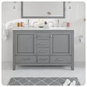 Aberdeen 48 in. Double Sink Gray Bath Vanity with White Carrara Marble Top (Assembled)