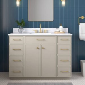 Marcote 48 in. Single Sink Greige Bath Vanity with White Volakas Engineered Marble Top (Assembled)