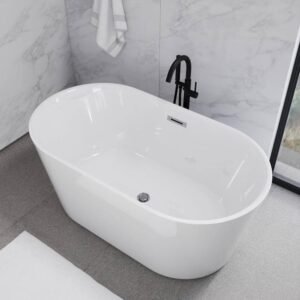 Conten 60 in. L x 30 in. W Acrylic Flatbottom Oval Freestanding Center Drain Soaking Bathtub in Glossy White