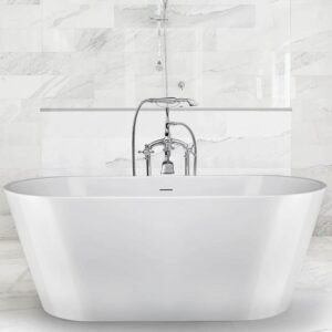 Freestanding 59.8in. L 28.7in. W Soaking Acrylic Flatbottom Stand Alone Non-Whirlpool Center Drain Bathtub Glossy White