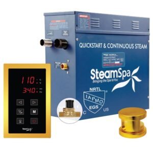 Oasis Series 7.5kW Steam Bath Generator with Continuous Steam Quick Start Technology and Aroma Scent Pump in Gold