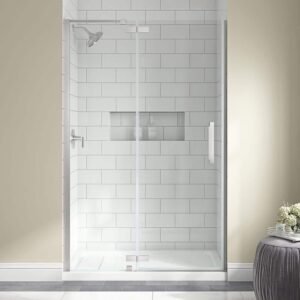 Delaney 46 1/4 in. - 48 in. W x 74 in. H Pivot Frameless Shower Door in Brushed Nickel Finish with Clear Glass