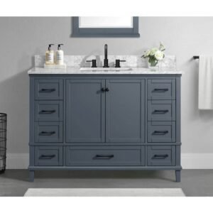 Merryfield 49 in. Single Sink Dark Blue-Grey Bath Vanity with White Carrara Marble Top (Assembled)