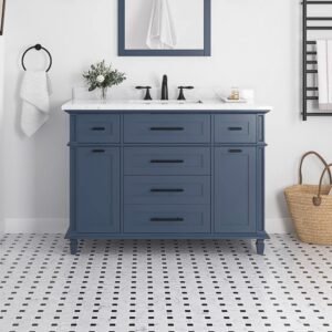 Tarbot 48 in. Single Sink Midnight Blue Bath Vanity with Carrara Marble Top with Integrated Power Outlet (Assembled)