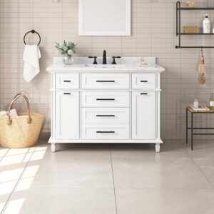 Tarbot 48 in. Single Sink White Bath Vanity with Carrara Marble Top with Integrated Power Outlet (Assembled)